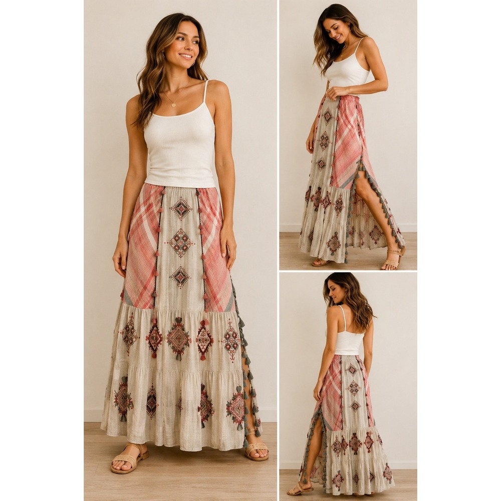 Soft Surroundings Cream and Dusty Rose Tiered Maxi Skirt